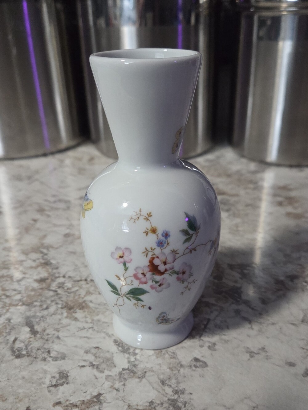 Vintage Limoges France White Porcelain Small Vase 5.5 Inches, Floral, Butterfly